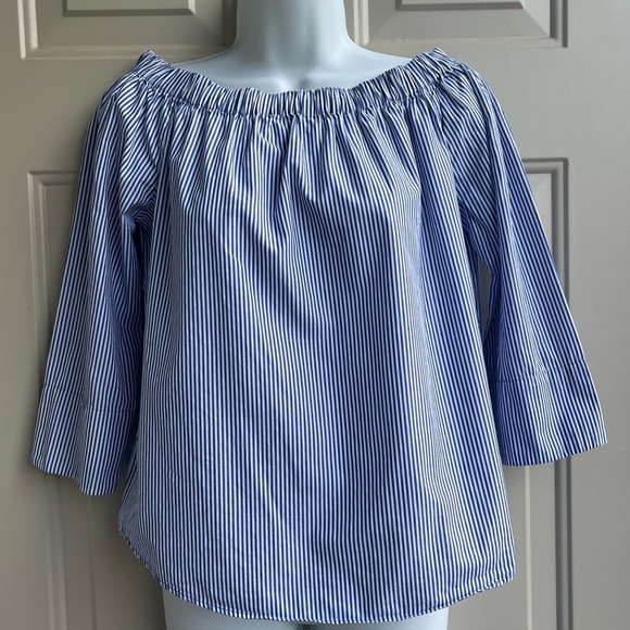 ZARA Off Shoulder Women’s Blue Striped Cotton Top Size S Boho Coastal Vibes - Picture 2 of 7
